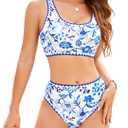 High Waisted Bikini Sets for Women Tummy Control Swimsuits Modest Bathing Suit Boho Swimwear 2 Piece Scoop Neck S