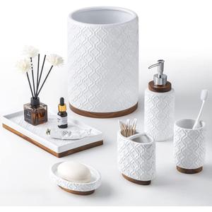 RQYIXI Elegant 6 PCS Ceramic&Wood Bathroom Accessories Set:Soap Dispenser, Toothbrush Holder, Tumbler, Soap Dish, Tray, Trash Can, Easy to Clean, Quatrefoil Pattern, White-Affordable Home Luxury