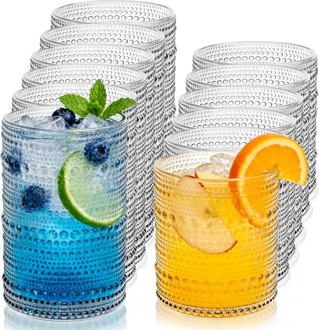 Vintage Hobnail Drinking Glasses Set of 12, 12 Oz Highball Glasses and 10 Oz Cocktail Glasses, Kitchen Glassware Set, Clear Drinking Glass Cups for Cocktail, Whiskey, Beer, Juice, Water, Milk