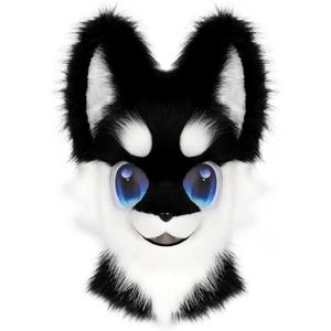 Animal Full Head Dog Mask Fursuit Therian Plush Realistic Masks for Party Halloween Cosplay Costume Accessory (Blackwhite)