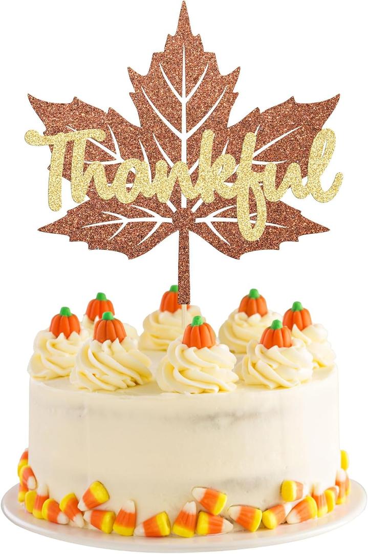 2 x Gyufise 1 Pack Thankful Glitter Cake Topper Happy Thanksgiving Day Cake Decoration for Fall Harvest Party Clear Treat Picks Autumn Party Supplies (Brown)