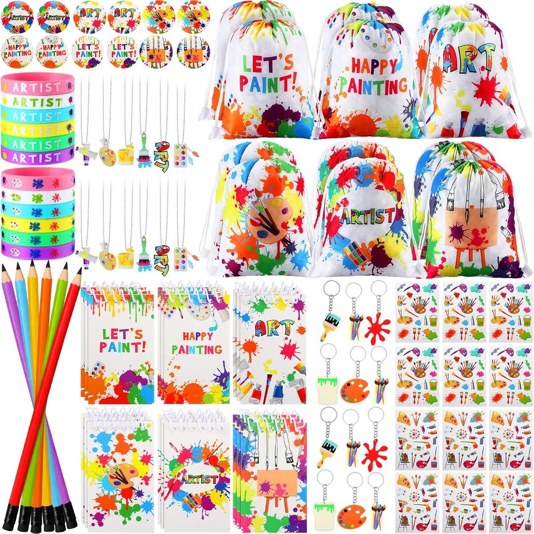 Jenaai 102 Pcs Art Paint Party Favor Supplies Set Gift Includes 12 Drawstring Backpacks 12 Bracelets 12 Badges 12 Keychains 18 Spiral Notepads 12 Pencils 12 Stickers 12 Necklaces