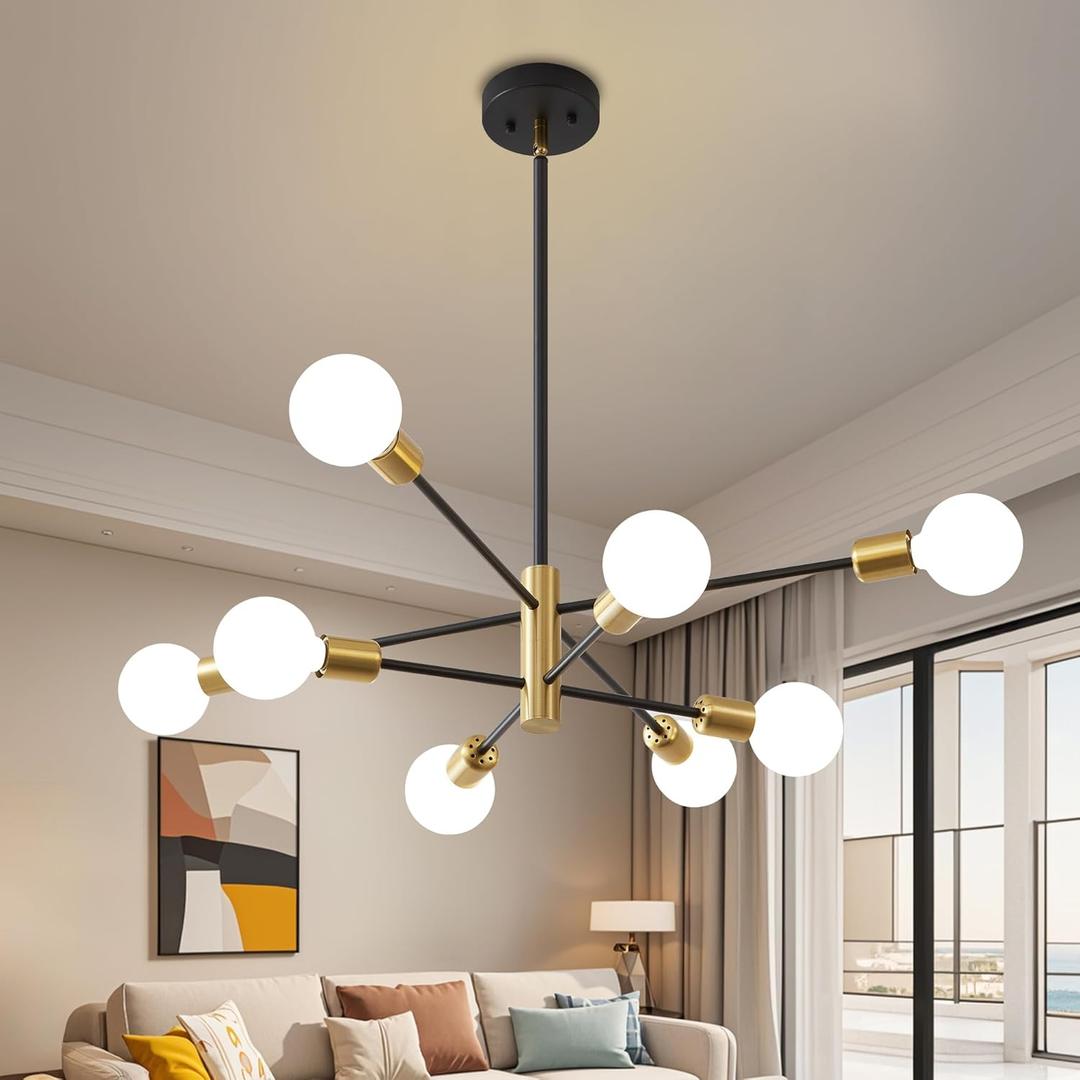 Sputnik Chandelier Mid Century Modern Industrial E26 Pendant Lighting Chandeliers Ceiling Light Fixture Black and Gold Light for Living Room,Kitchen,Bedroom,Dining Room and Farmhouse (8-Light no shade)