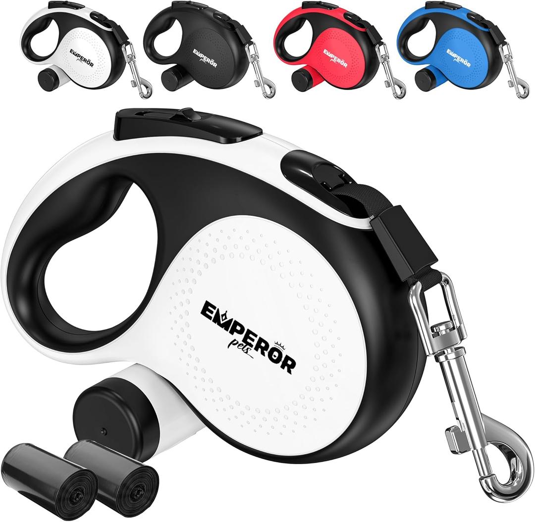 Emperor Pets 26 ft Retractable Dog Leash White - Heavy Duty Retractable Pet Leash with Anti-Slip Grip for Medium to Large Dogs up to 110 lbs -Aura BW26