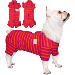 TONY HOBY Dog Pajamas, Female/Male Dog 4 Legged Pajamas, Soft Cotton Dogs Jumpsuit with Stripes (Rose Red&Orange, Girl, XL)