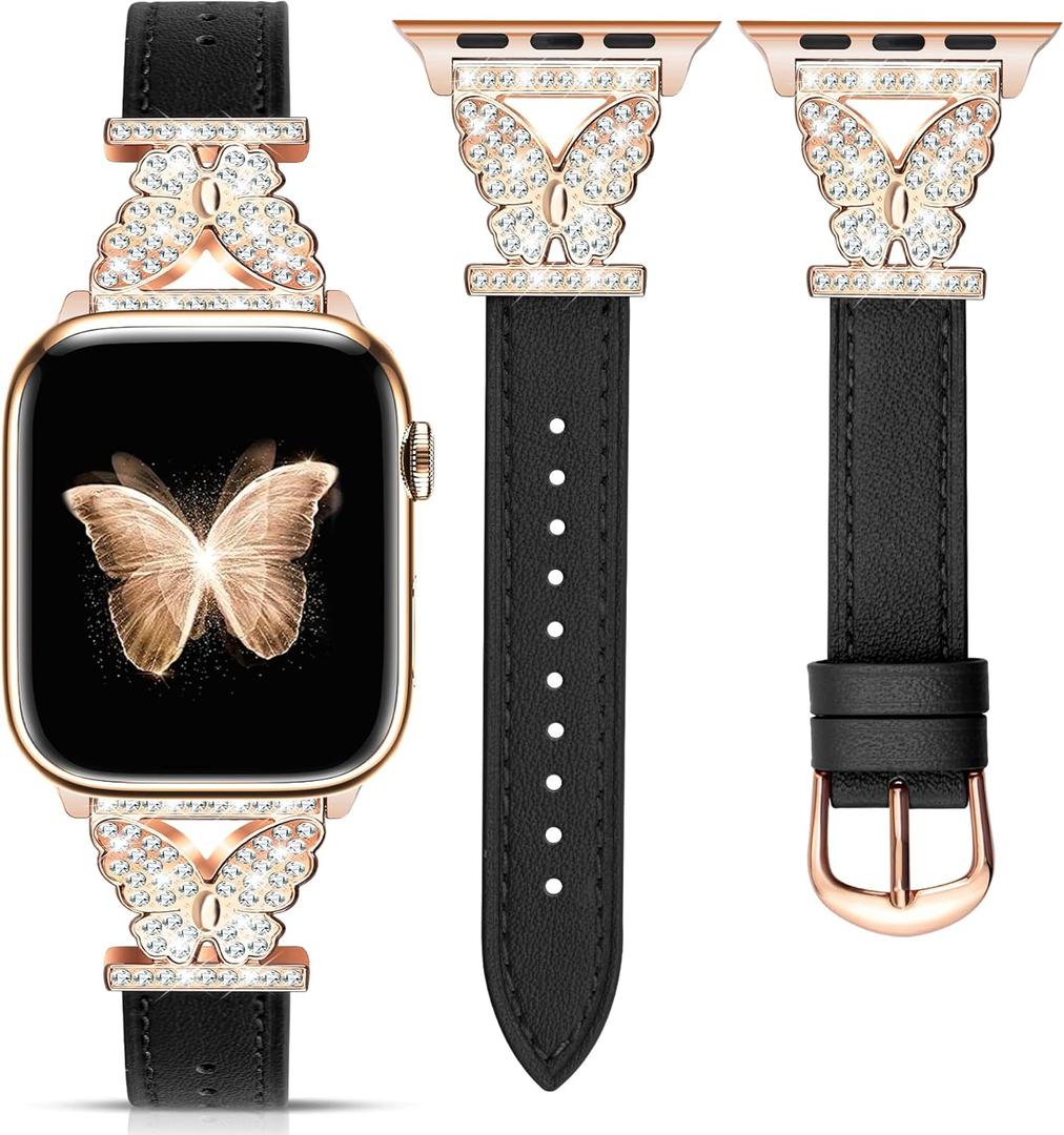 JR.DM Leather Watch Bands for Women Compatible with Apple Watch 46/49/45/44/42mm(series 1/2/3) Rose Gold Bling Butterfly Connector Slim Leather Strap for iWatch Series 