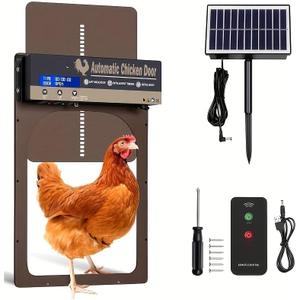 Automatic Chicken Coop Door Solar Powered, IP65 Waterproof Aluminum Auto Chicken Door with Timer Light Sensor Remote Control, Anti-Pinch Protection, LCD Display, 3 Power Modes for Poultry Duck Goose