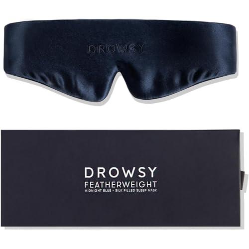 Drowsy Featherweight Silk Sleep Mask – Luxury Blackout Eye Mask for Sleeping & Travel, 100% Mulberry Silk, Lightweight Comfort, Adjustable Strap, Protects Skin & Hair (Midnight Blue)