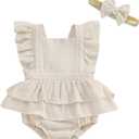 MERSARIPHY Newborn Baby Girl Summer Outfit Linen Ruffle Bubble Romper Dress One Piece Bodysuit Jumpsuit Infant Summer Clothes (6-12 Months, Beige)