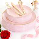 YOUBET 125PCS Pink Plastic Plates - Pink Disposable Plates With Gold Rim - Pinks and Gold Plates Include 25 Dinner Plates, 25 Dessert Plate, 75 Cutlery for Party Wedding Birthday Valentines Day