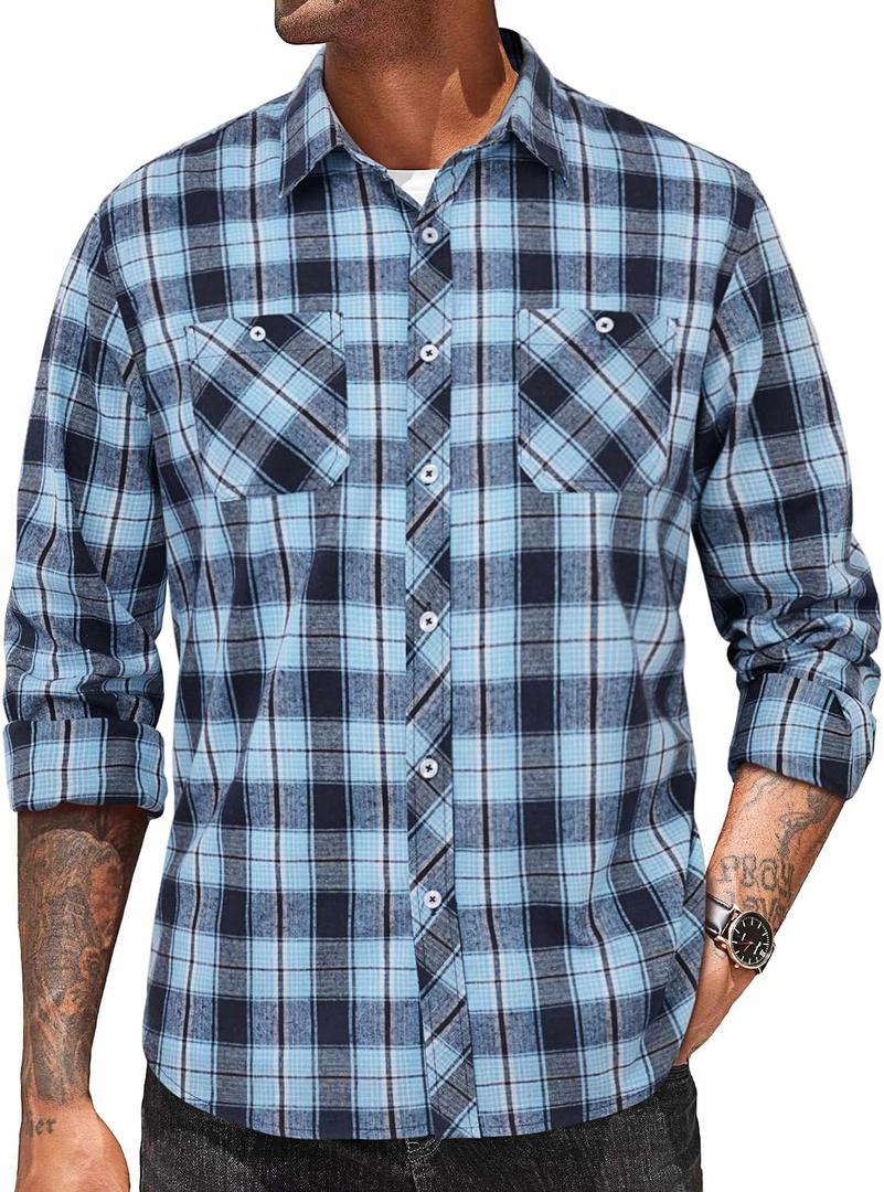 COOFANDY Men's Flannel Plaid Shirts Long Sleeve Casual Button Down Shirt with Pockets (Blue, 4XL)