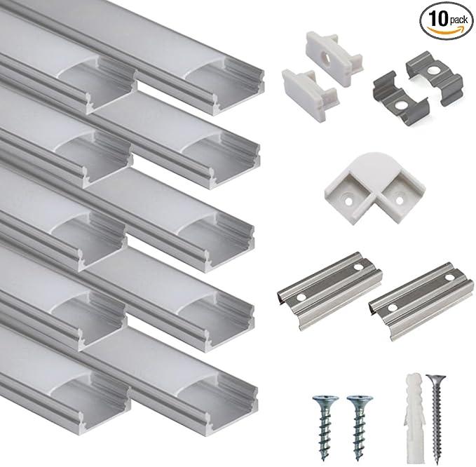 hunhun 10-Pack 3.3ft/1Meter U Shape LED Aluminum Channel System with Milky Cover, End Caps and Mounting Clips, Aluminum Profile for LED Strip Light Installations, Very Easy Installation
