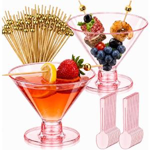 Sawysine 50 Set 5 oz Disposable Plastic Martini Glasses and Cocktail Picks Spoons Clear Mini Cocktail Glasses for Family Dinner, Tavern, Party, Weddings, Wine, Ice Cream and Other Food(Pink)