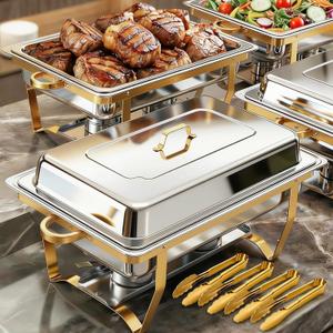ALSO GO Chafing Dish Buffet Set 9QT 4 Pack, Gold Chafing Dishes for Buffet with 4 Serving Tongs, Buffet Set Full Size Large Serving Chafing Dishes, Warming Food Tray for Catering & New Year Parties