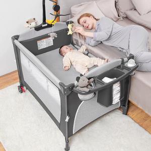 Baby Bassinet Bedside Sleeper,5 in-1 Pack and Play Portable Crib for Baby,Multifunction Bedside Crib from Newborn to Toddlers,Diaper Changer,Playard,Safety Strap,Carry Bag,Hanging Toys (Grey)