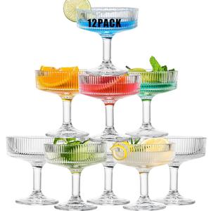 12 Pcs Martini Glasses, 6.7oz Crystal Champagne Tower, Art Deco Ribbed Coupe Glasses, Stem Cocktail Glassware Set, Margarita Cups, Heavy Base Bar Glassware for Martini, Gimlet, Manhattan