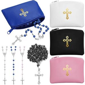 Dansydaisy 8 Pcs Rosary Pouch with Catholic Rosary Beads Necklace Set for Women Leather Holder with Zipper Gold Cross Imprint Case Portable Religious Bag for Travel Christmas