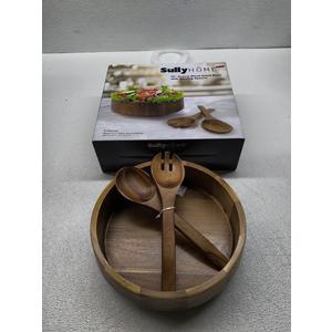 Sully Home 12" Acacia Wood Salad Bowl with Serving Spoons, 3 Pieces