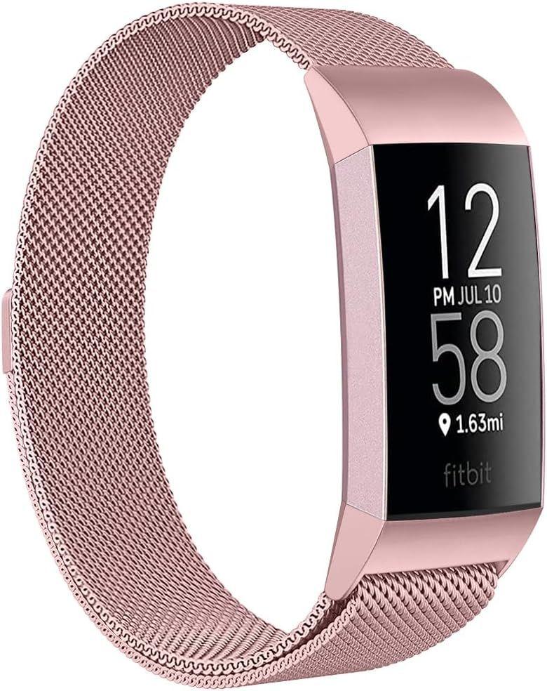 Compatible with Fitbit Charge 4 and Fitbit Charge 3 Bands for Women Men, Rose Gold Stainless Steel Mesh Metal Band Replacement Accessories Bracelet Strap for Women Men