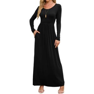 DEARCASE Women's Maxi Dress Long Sleeve Crewneck Loose Plain Casual Empire Waist Fall Party Long Dresses with Pockets (Small)