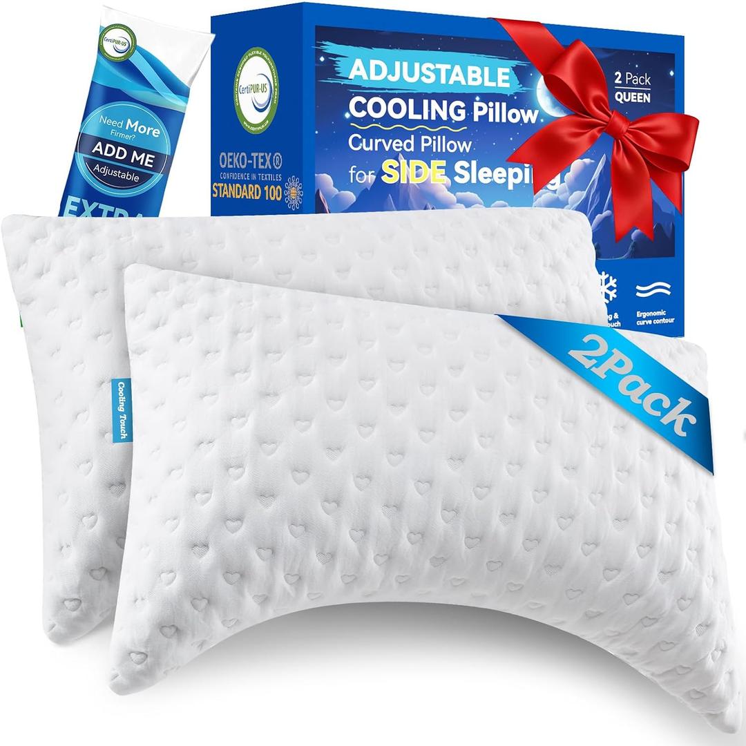 Side Sleeper Pillows for Neck & Shoulder Comfort - Ergonomic Curved Crescent Design, Adjustable Shredded Memory Foam, Cooling & Soft Cover, Extra Fill Included, Queen Size Pillows Set of 2