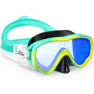 Seago Kids Swim Goggles Snorkel Diving Mask for Youth(5-15), Anti-Fog 180 Clear View (Mirrored Blue)