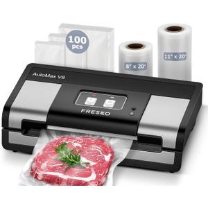 Fully Automatic Vacuum Sealer, 95Kpa Powerful Food Vacuum Sealer Machine, Auto Dry-Wet Detection | Bag Cutter | 2 Rolls Bags & 100 Pcs Precut Bags | Effortless Operation, Silver - Black (Large)