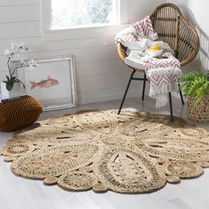SAFAVIEH Area Rug 4' Round - Natural Fiber Collection - Natural Brown, Handmade Jute, Decorative Boho Floral Design (NF360A)