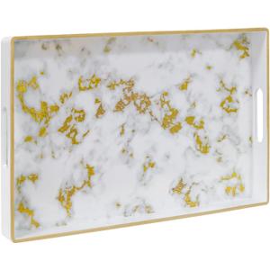 MAONAME White Decorative Tray with Handles, Plastic Serving Tray for Coffee Table, Marbling Rectangular Trays for Ottoman, Bathroom, Storage, 15.8" Lx 10.2" W X 1.4" H