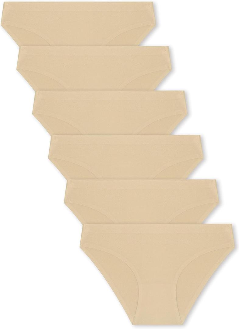 FINETOO 6 Pack Womens Seamless Hipster Underwear No Show Panties Invisibles Briefs Soft Stretch Bikini Underwears XS-XL (Small, Beige)