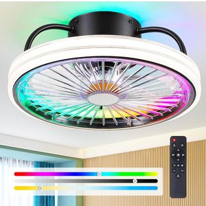 Low Profile Ceiling Fan with Light - Modern Flush Mount Ceiling Fan,15" RGB Dimmable LED Enclosed Ceiling Fans,Modern Bladeless LED-RGB Ambient Light for Bedroom Kids Room Party（Black）