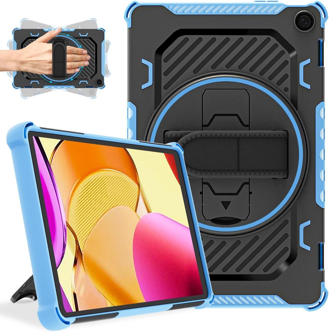 ROISKIN 360 Rotating Kickstand Hand Strap Case for Tablet Fire Max 11 Case 13th Generation 2023 Release for Kids,Also for iPhone Nokia Sony 11in (Black+Blue)