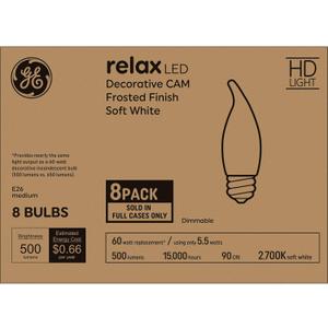 GE Relax LED Light Bulbs 60W, Soft White Candle Lights, Frosted Decorative Light Bulbs, Medium Base (8 Pack)