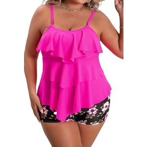 B2prity Women Plus Size Tankini Swimsuits Tummy Control Two Piece Bathing Suit Ruffled Flounce Swimwear with Shorts (X-Large, Hot Pink)