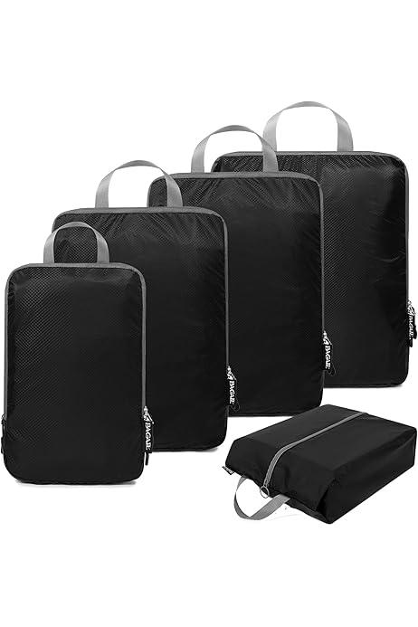 BAGAIL 4 Set Compression Packing Cubes Travel Accessories Expandable Packing Organizers(Black ClothPattern 4 Set)