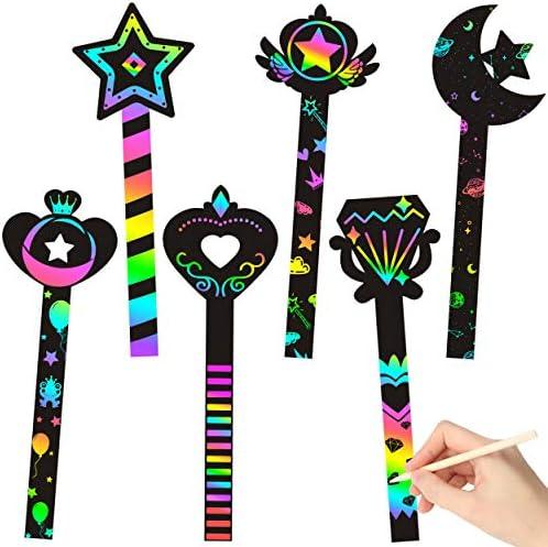 WATINC 60Pcs Fairy Stick Scratch Paper Art Set for Girls Birthday Party, Colorful DIY Craft Kit for Princess Party Favors, Fairy Wand Supplies, Fun Home Activities Birthday Gifts for Kids
