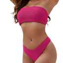 ZAFUL Women Strapless Textured Bandeau Bikini 2 Piece Swimwear Cheeky Solid Lace up Bathing Suits (Small, 0-rose Red)