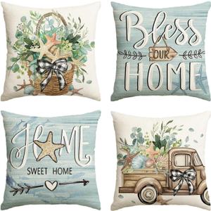AVOIN colorlife Bless Our Home Eucalyptus Leaves Starfish Throw Pillow Covers, 20 x 20 Inch Seasonal Spring Summer Truck Home Sweet Home Cushion Case Decorations Set of 4