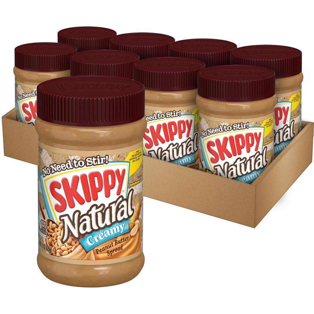 SKIPPY Natural Peanut Butter Spread, Creamy, 7 g protein per serving, 15 oz. (8 Pack) BBD: 06-13-26