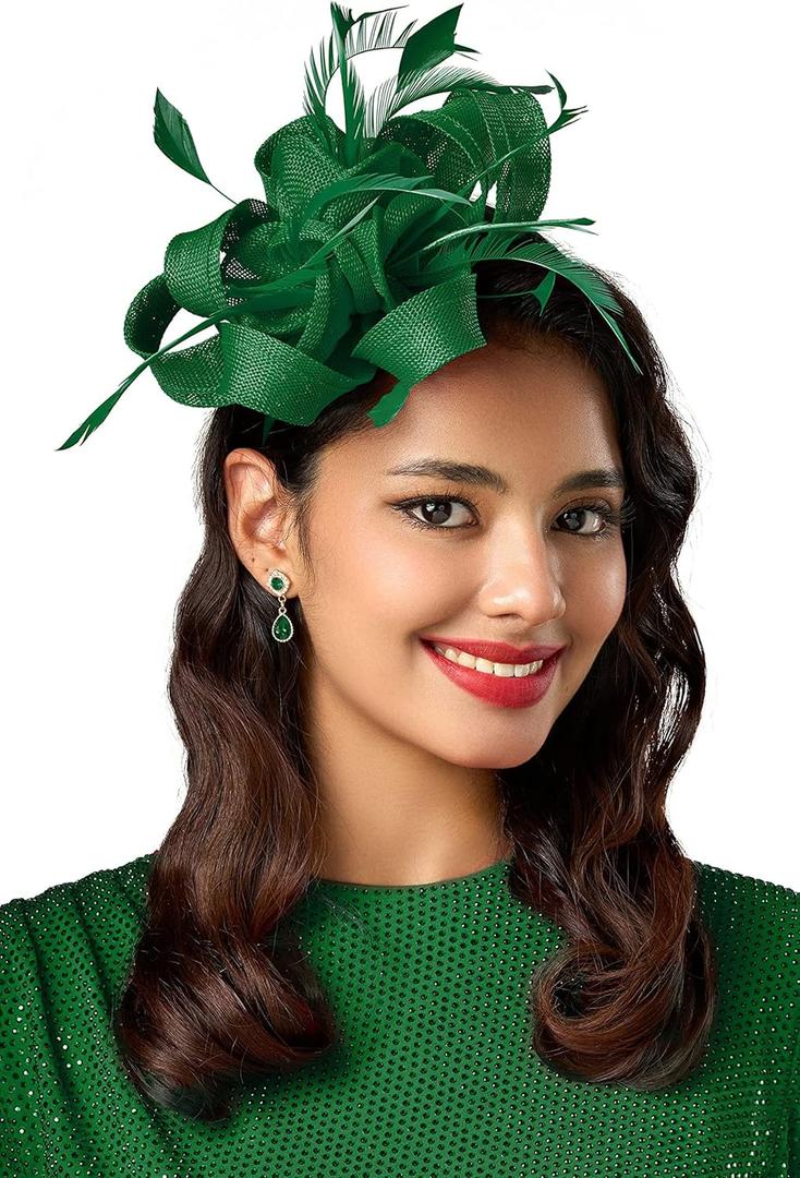BABEYOND Fascinator Hats for Women - Tea Party Hats Fascinators Kentucky Headband Derby Hat Wedding Feathers Ribbon Headwear (Dark Green)