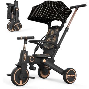 Tricycle Stroller for Toddler,Foldable Baby Tricycle,Kids Balance Bike with Push Handle,Toddlers Stroller Bike with 1 to 5 Years,7-in-1 Push Tricycle Bike for Kids(Gold)