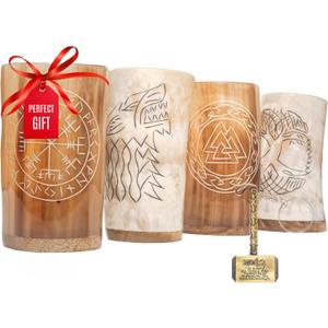 Trondebal Viking Drinking Horn Mugs Set of 4, beer stein set, Natural Ox Horn Shot Glasses | 10 oz Cool Unique Tumbler, Beer Gift for Men and Women, Handmade Goblet| Medieval Stein for Ale, Mead