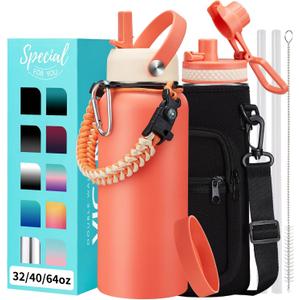 Insulated Water Bottle 32oz with Straw - Pop-up Spout Lid, Paracord Handle, Strap Shoulder Carrier, Protective Boot, Wide Mouth Triple Walled Vacuum Stainless Steel Water Flask for Men Women Gym (Coral Orange)