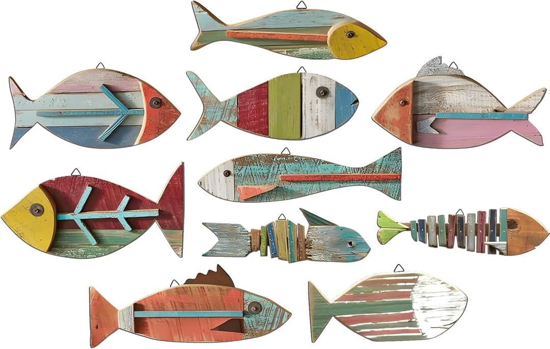 10 Pcs Wooden Fish Wall Decor Wood School of Fish Coastal Wall Decor Beach Wall Art for Home Nautical Theme Bathroom Hanging Decorations Gifts, Flat Printing Not 3D Pattern