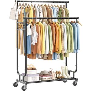 Ekisemio Heavy Duty Clothes Rack, Rolling Clothing Rack With Shelves Load 450 LBS, Double Rod Clothing Racks with Wheels for Hanging Clothes, Black