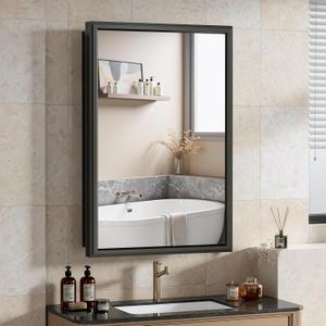 16x24 Inch Medicine Cabinet Mirror for Bathroom Recessed Medicine Cabinet with Mirror or Surface Wall-Mounted Aluminum Alloy Framed Bathroom Cabinet Mirror Black Metal