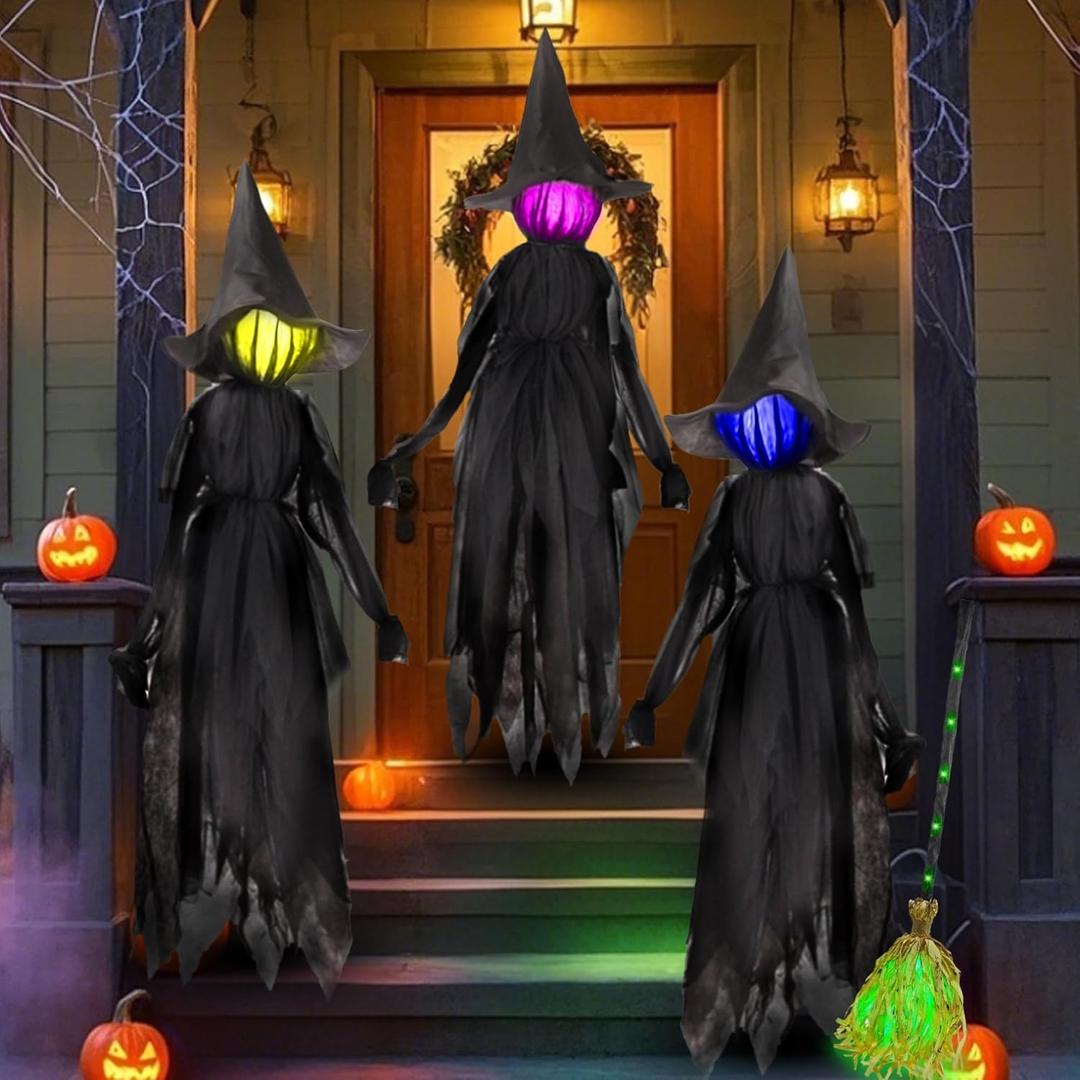 winemana 3 Pack Halloween Witches Outdoor Decor - 6FT Light Up Witch Stakes with Multi-Color LEDs, Scary Yard Decorations for Lawn, Garden & Haunted House