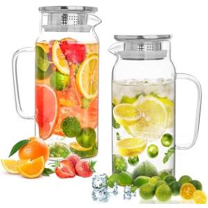 Set of 2 Glass Pitcher with Lid, 1200ml Leak Proof,Glass Water Jugs, BPA-Free,Microwave & Dishwasher Safe Pitcher,Sun & Iced Tea, Sangria,Cold Brew Coffee & More