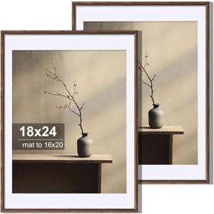 Axeman 18x24 Picture Frame Set of 2, Display 16x20 Pictures with Mat or 18x24 without Mat, Thin Border Wall Gallery Photo Frames for Wall and Tabletop Display, Walnut (18x24-2P)