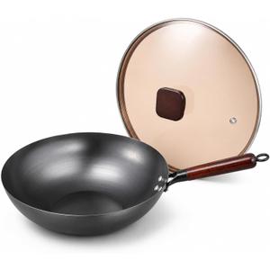 Calmabode 12 Flat Bottom Carbon Steel Wok with Glass Lid | Pre-seasoned nitrided carbon steel, amber glass lid, even heat base, ideal for wok hei, stir-fry and family meals